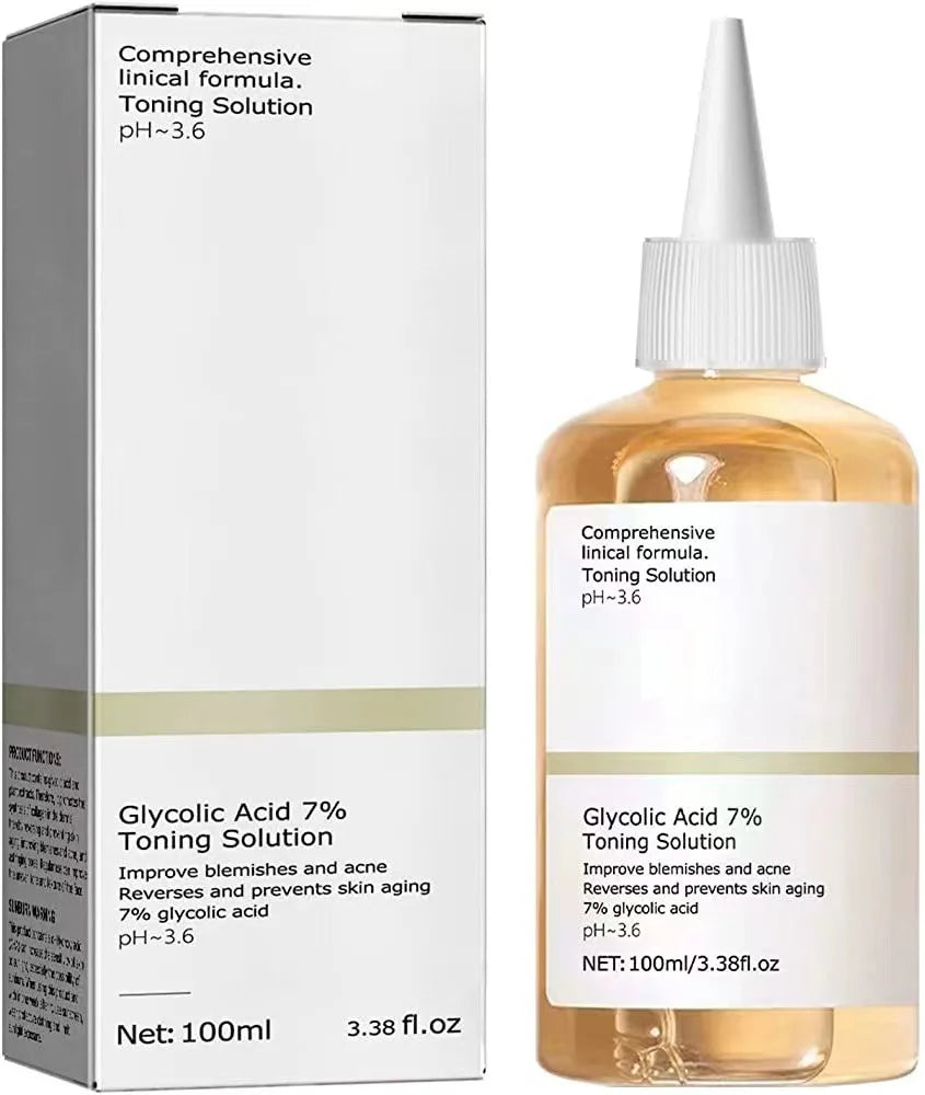 Solution tonique à l'acide glycolique 7% 100ml pour éliminer l'acné et hydrater la peau - Lotion rajeunissante.